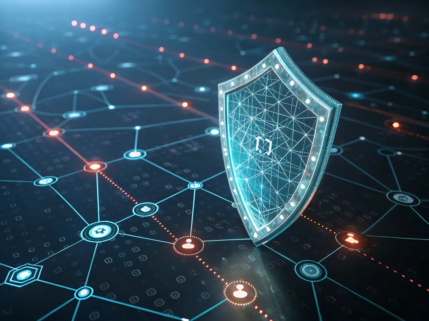 A high-tech security shield with the Anubis logo embedded, surrounded by encrypted data streams, representing the robust security measures implemented to protect the Anubis ecosystem.